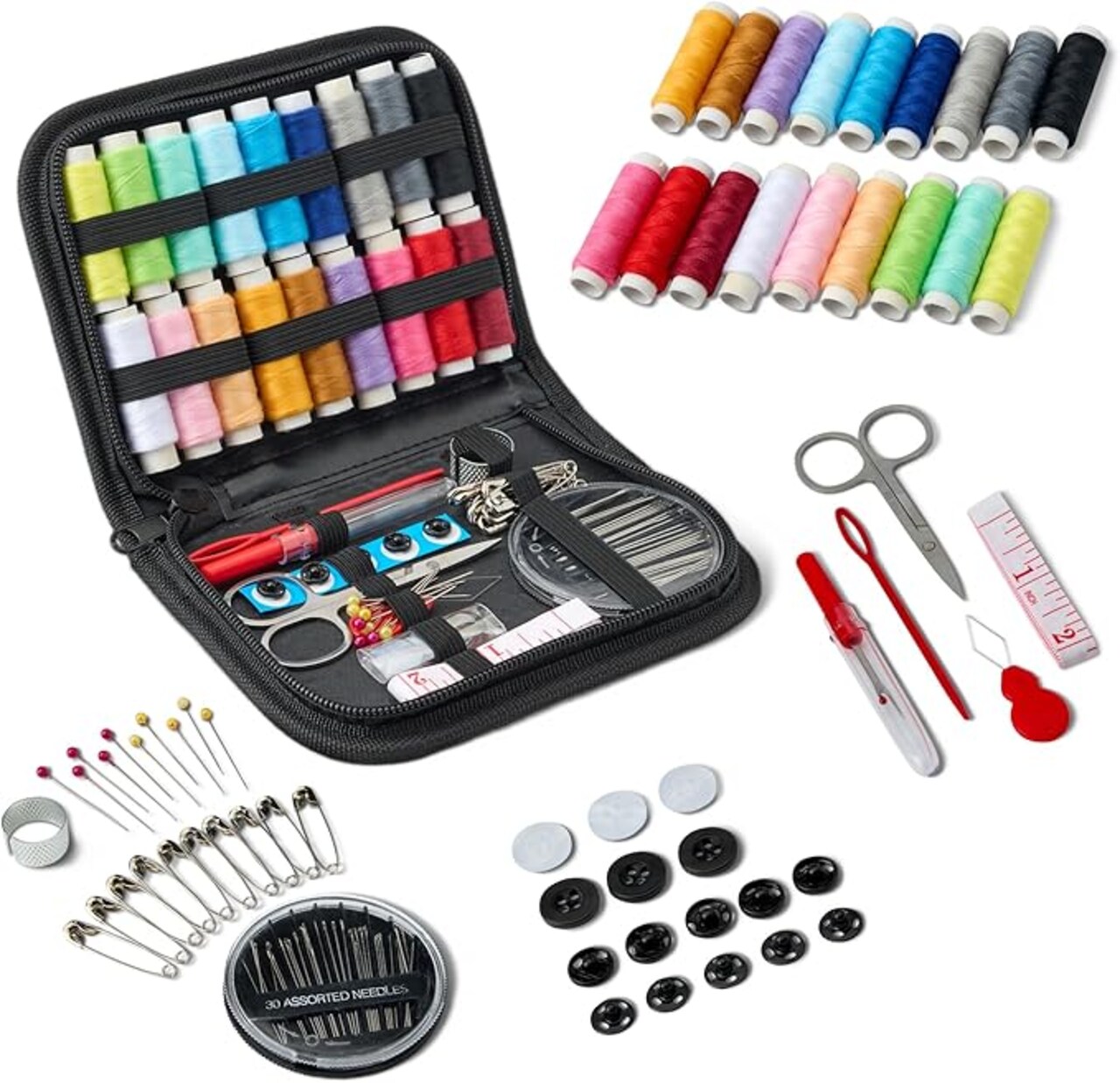 Portable Mini Travel Sewing Kit for Adults - Emergency Sewing Supplies Organizer with Heavy Duty Scissors, Needles, and Thread, Compact Pocket Size Repair Kit (Black)